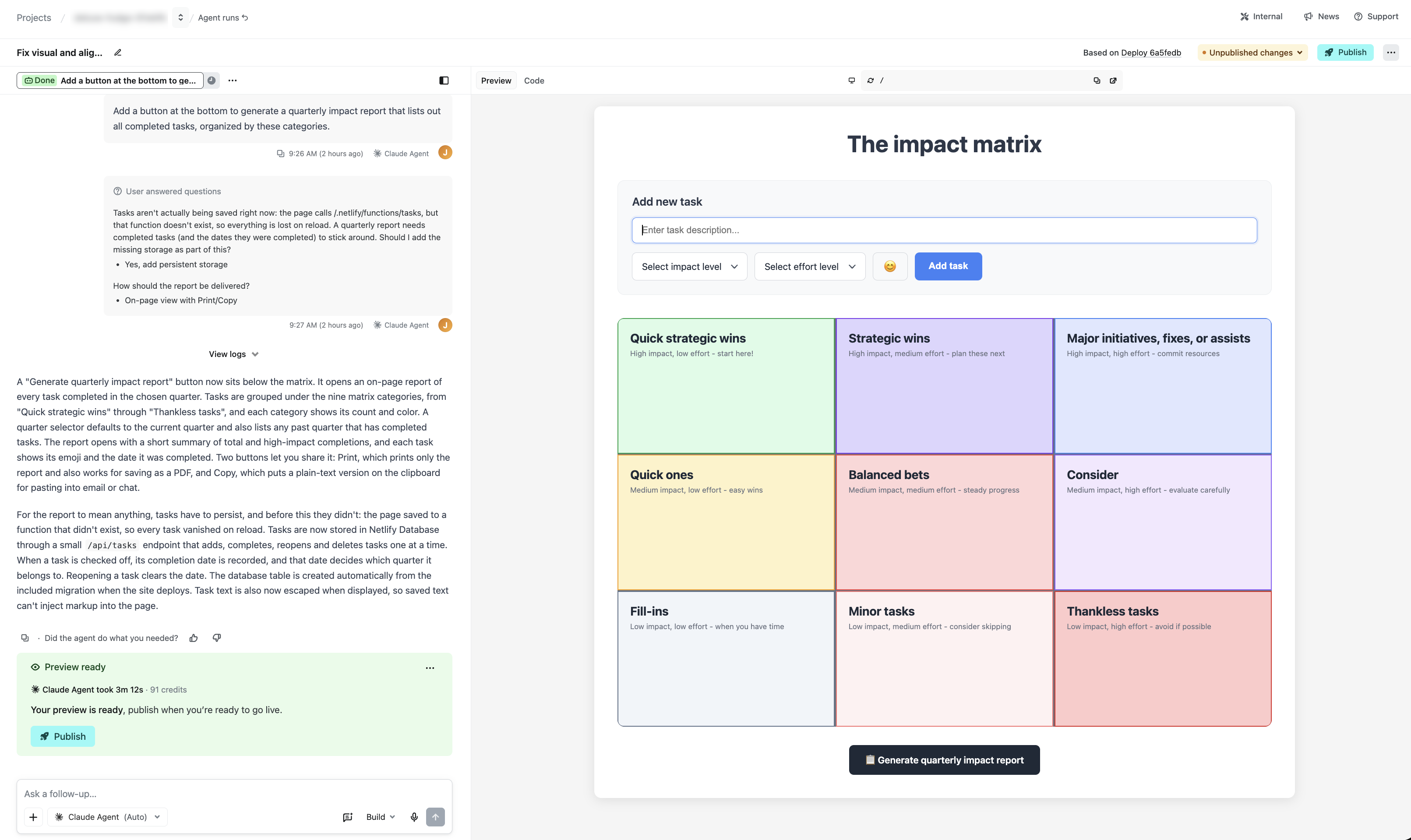Agent Runners side-by-side view showing a chat prompt to add a quarterly report button next to the live Deploy Preview of the resulting task organizer app
